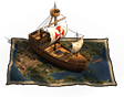 Karte_der_Kontinente: An einem bestimmten Punkt erscheint ein Schiff auf der Karte der Kontinente. Schicke deinen Späher dorthin und entdecke unbekannte Länder.